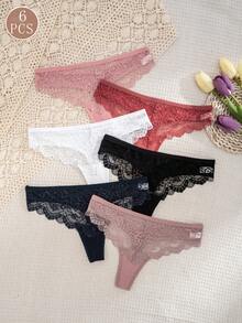 Women's Lace Thong Panties 6-Pack, Low Waist Scalloped Semi-Sheer Soft Comfortable Multi-Color Assorted Underwear - Multicolor - View 2
