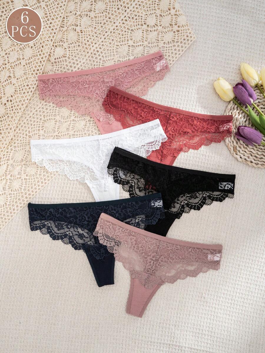 Women's Lace Thong Panties 6-Pack, Low Waist Scalloped Semi-Sheer Soft Comfortable Multi-Color Assorted Underwear