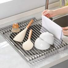 Kitchen Over‑Sink Dish Drying Rack, Grey Fold‑Able Stainless Steel Drain Grid 43*35cm With Drying Mat, Sink Storage Organizer For Fruit, Vegetable And Dish Towel Holder - Grey - View 8