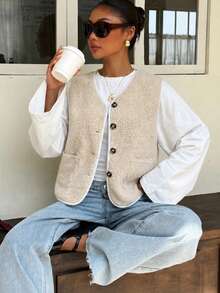 Autumn/Winter Casual Versatile Colorblock Trim Vest - Apricot - View 1