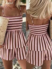 Dirp Noir Women's Autumn Multi-Color Striped Camisole & Shorts 2 Pieces Set, Suitable For Travel, Dating, Back To School, Holidays, Daily Wear - Coffee Brown - View 2