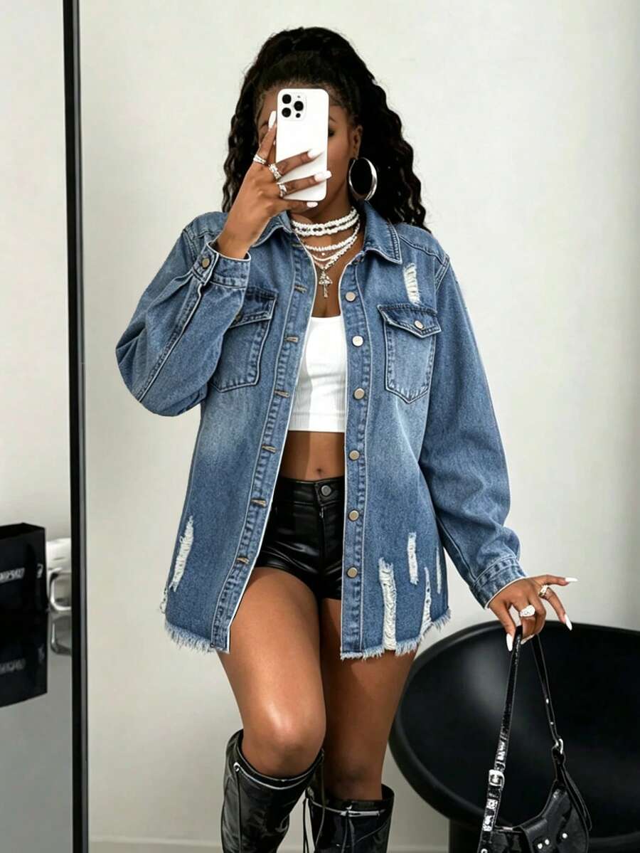 Fashion Women's Long Sleeve Denim Jacket, Distressed Mid-Length Coat With Button Pockets And Ripped Hem Design, Essential Denim Jacket For Autumn - Medium Wash - View 1