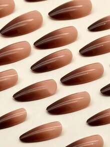 24 buah Kuku Palsu Tempel Pendek Berbentuk Almond Warna Cokelat, Efek Gradien Tie Dye - Coklat - View 6