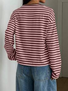 Casual Commute Daily Drop Shoulder Loose Striped Top Spring, French Girl Style - Rusty Rose - View 6