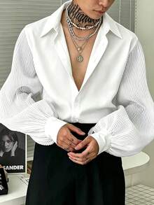 Men's Pleated Sleeve Loose Casual Party Shirt, Medieval Style - White - View 1