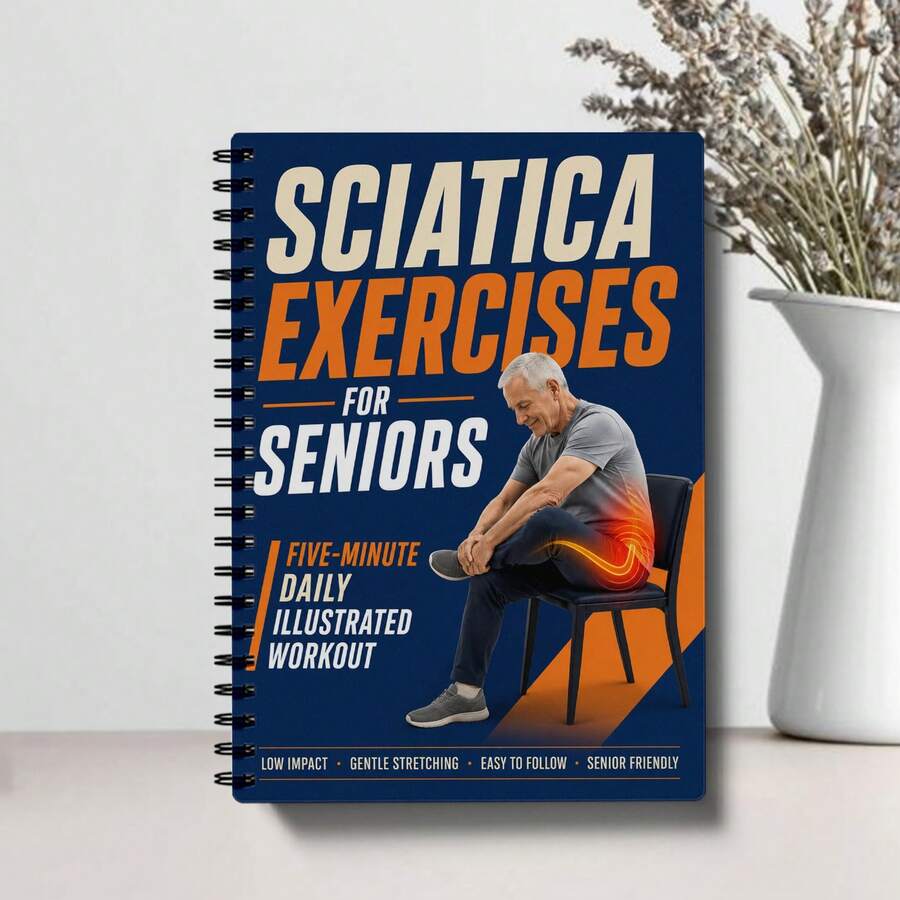 Rencana Latihan untuk Sciatica: Latihan Peregangan Ringan 5 Menit Harian dengan Ilustrasi, Termasuk Tips Mendukung Mobilitas Sendi, Lembar Pelacak Kenyamanan Punggung Bawah, Halaman Latihan Intensitas Rendah, dan Catatan Kemajuan, Dirancang untuk Lansia dan Orang Dewasa yang Kurang Aktif. - A5 - View 1