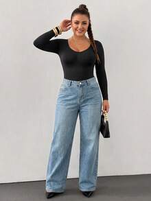 Plus Size Women Long Sleeve Bodysuit Scoop Neck Seamless Tummy Control Thermal Base Layer Top Fall Winter Body - Black - View 6