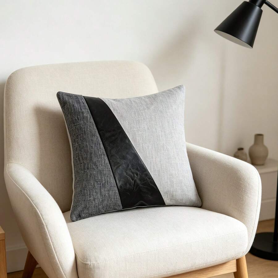 Modern Minimalist Diagonal Stripe Faux Leather & Linen Patchwork Pillow Case, Grey Square Decorative Cushion Cover, Suitable For Sofa, Bedroom, Living Room Home Decor - Light Grey - View 1