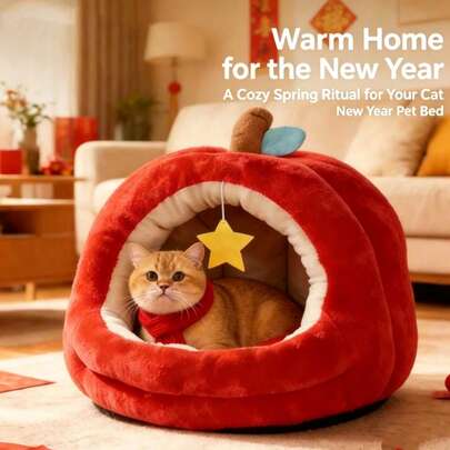 1pc Christmas Apple Shaped Enclosed Pet Bed, Suitable For Dogs And Cats - Ultra Soft Constant Temperature Warmth, Strong Wrapping And Security Feeling, Suitable For Pet Daycare And Boarding, Apple Cat Bed Winter Warm Semi-Enclosed Sleeping House All Season Universal Cat Sofa Bed. It Is A Christmas Gift For Pet Lovers.