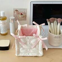 Quilted Storage Basket With Bow Decor, Fashionable Desktop Organizer Box, Large Capacity Floral Polka Dot Pattern Storage Bin, Suitable For Bedroom Vanity To Store Skincare Products And Miscellaneous Items, Foldable Home Storage Basket - Multicolor - View 12