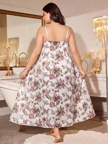 Elegant Vintage Floral Print Plus Size 2-Piece Set, Satin Contrast Trim Buttonless Cardigan + Camisole Dress - Apricot - View 5