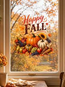 1pc Happy Harvest Pumpkin Window Sticker, Glue-Free PVC Static Cling, Creative Aesthetic, Autumn Window Decal With Sunflower, Maple Leaf And Fruit Patterns, Removable Thanksgiving Home Decor, Autumn Atmosphere Art Window Sticker - Multicolor - View 5