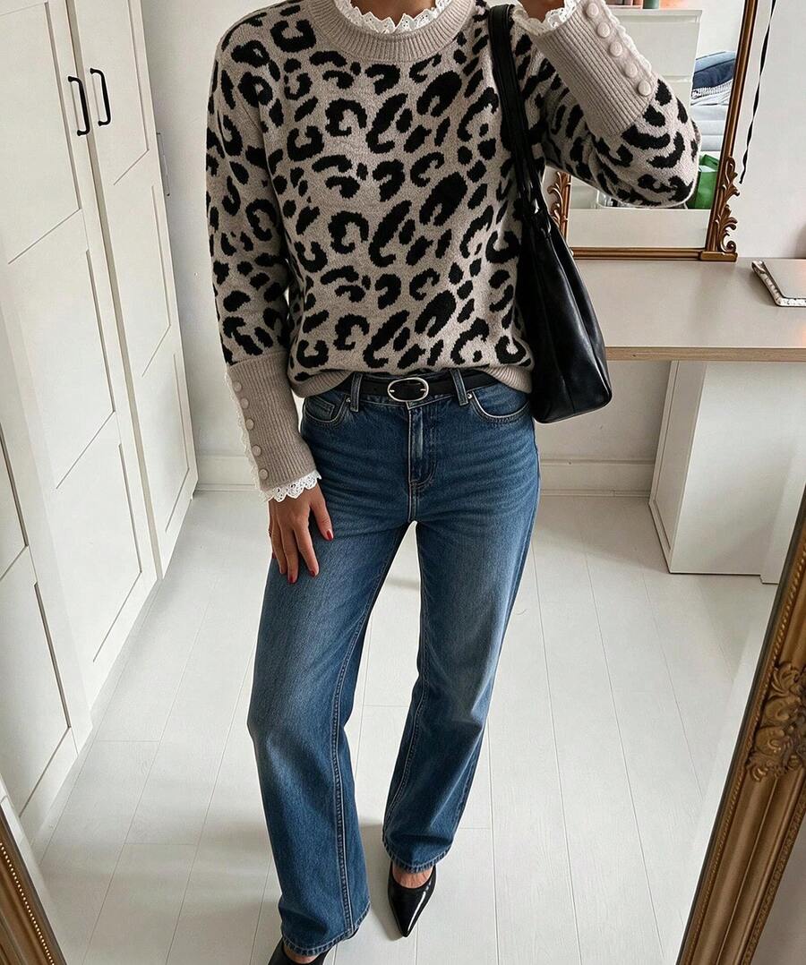 Leopard Print Lace Trim Round Neck Knit Sweater, Drop Shoulder Long Sleeve Pearl Button Cuffs Casual Pullover - Multicolor - View 1