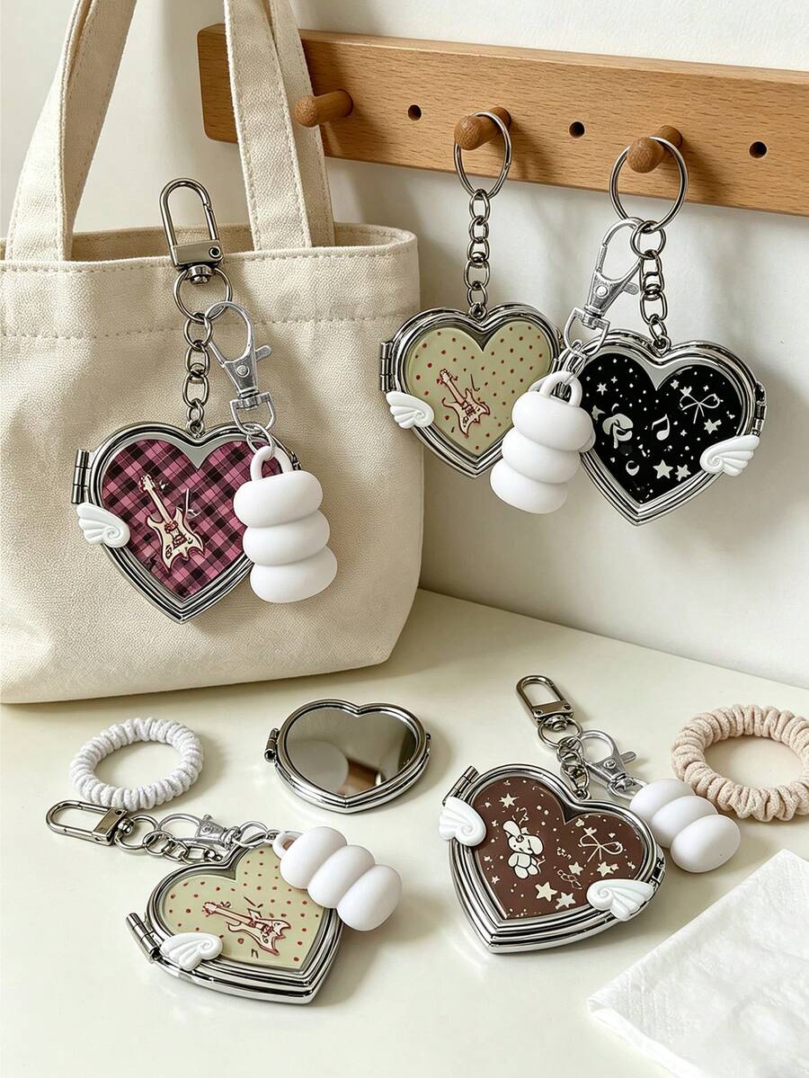 Y2K Heart Compact Mirror Keychain, Music Note Wing Decor Lipstick Cap Holder, Cute Portable Makeup Mirror Bag Pendant Accessory, Bag Charm, Exquisite Gift For Friends And Family, Birthday, Holiday Gift - Multicolor - View 1
