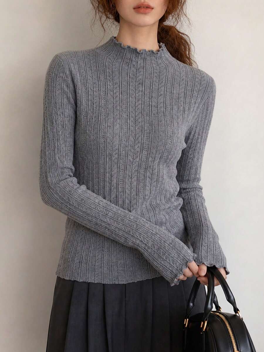 Women's New Frill Trim Mock Neck Pullover Knit Sweater - Grey - View 1