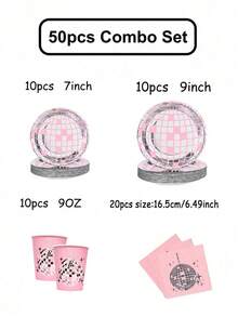 Pink Disco Ball Disposable Tableware Set - 10 Plates, 9oz Cups And Napkins, Suitable For Birthday, Bachelorette And Wedding Party Decorations - Multicolor - View 12