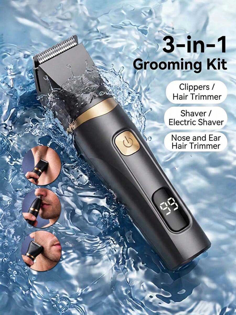 FIYIBAN 3-In-1 Electric Shaver & Nose Hair Trimmer With Display Screen, Men's Full Body Grooming Portable Multi-Function Electric Razor Set, Suitable For Gifts And Travel - Black - View 1