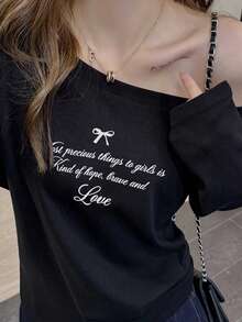 Women's New Long Sleeve T-Shirt For Spring Autumn Winter, Japanese Street Style, Sexy Cold Shoulder, Fashionable Niche Design, Loose Fit, Flattering, Pure Desire Style, Minimalist Versatile, Bowknot Letter Print, Daily Commute, Back To School Season, Off Shoulder, Korean Style Top - White - View 4