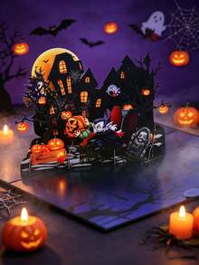 1pc Customized Halloween 3D Pop-Up Greeting Card, Scary Haunted House Pop-Up Card With Vampire And Pumpkin Pattern, Halloween Party Invitation Holiday Gift Card - Single Piece - View 6