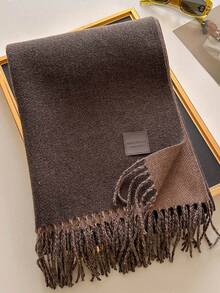 1pc Solid Color Faux Leather Label Tasseled Thick Scarf 65*190cm, Polyester Wool Blend, Fall Winter Shawl For Travel Party Outing, Wear As Scarf Shawl - Multicolor - View 28