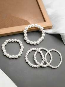Multi-Piece Elastic ABS Faux Pearl Korean Style Bracelet French Style Handmade Versatile Minimalist Bracelet Jewelry DIY - White - View 3