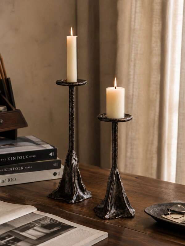 Textured Antique Bronze Candle Holders Set Of 2, Wrinkled Hammered Pillar Candlesticks, Vintage Wabi‑Sabi Table Decor For Dining Room Wedding Home Ornament Gift