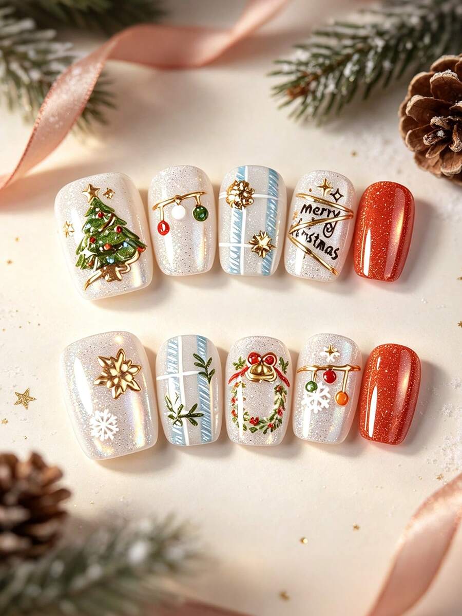 Comfort Wearing Experience,10Pcs Medium Square Press‑On Nails Kit,Vintage Xmas 3D Embossed Tree Wreath Snowflake Letter Pattern,Reusable Kit With Jelly Glue & Nail File,For Women Holiday Daily Wear - Multicolor - View 1