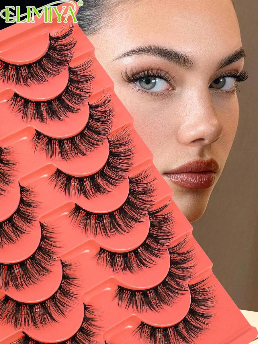 8Pairs Cat Eye False Eyelashes Wispy Fake Lash Strips Cat Eye Faux Mink Strip Eyelash Short Fluffy For Beginners Daily Makeup - Black - View 1