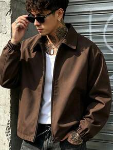 Men's Zippered Turn-Down Collar Harrington Jacket, Raglan Sleeve Elastic Cuff Side Pocket Casual Lightweight Outerwear, Suitable For Spring And Autumn Daily Wear - Coffee Brown - View 3