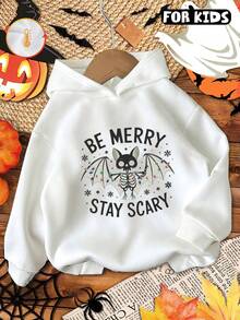 Kids Hooded Sweatshirt, Skeleton Bat Be Merry Stay Scary Letter Snowflake Graphic Print Cotton Pullover For Kids - White - View 1