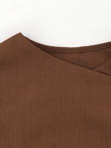Women's Brown Asymmetric Diagonal Button Long Sleeve Shirt, Diagonal Collar Cuffed Sleeve Casual Commute Crop Top - Brown - View 7