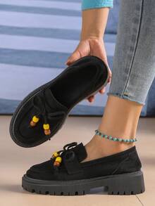 Contrast Color Wooden Bead Bowknot Lace-Up Suede Solid Color Retro Loafers Thick Platform Serrated Sole Slip-On Wedge Heel Shoes Fashion Versatile - Black - View 4