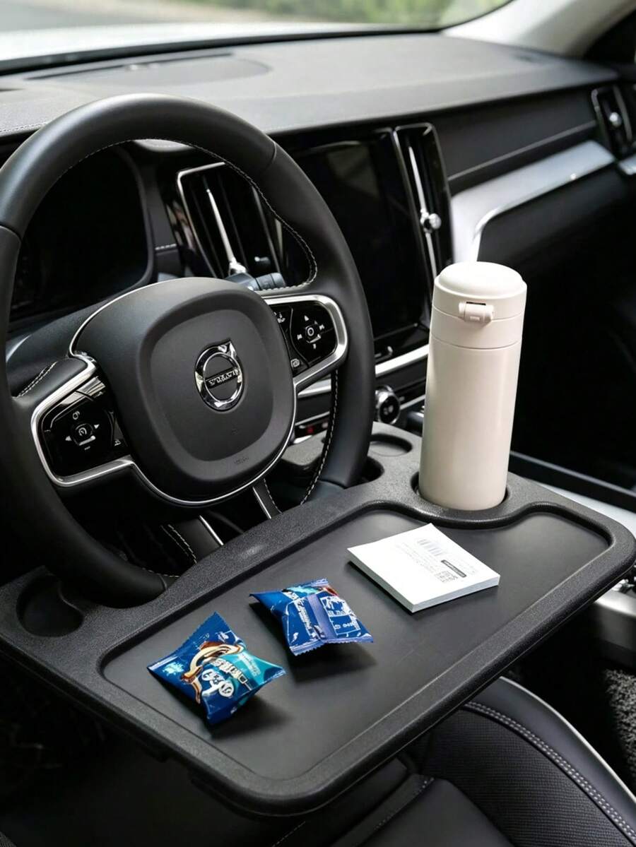 1件裝汽車方向盤托盤，多功能雙面車用餐桌，汽車筆電辦公支架，車內用餐書寫收納小托盤，附杯架設計，適用於大多數汽車方向盤