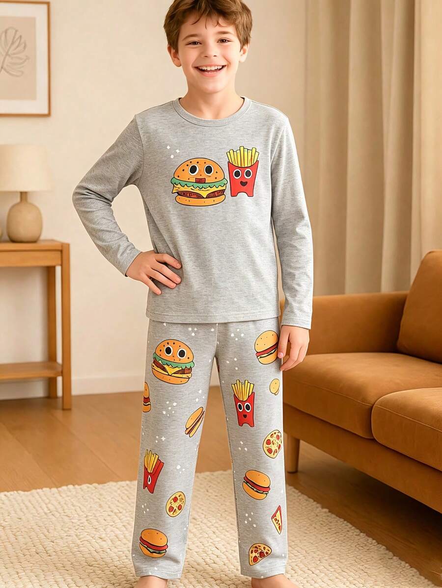 Boys Happy Burger & Fries Print Long Sleeve T-Shirt Set With All-Over Print Pants, Soft Fabric, Suitable For Spring, Autumn, Winter Home & Daily Wear - Grey - View 1