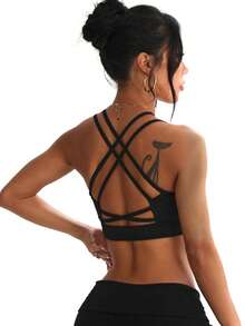 Women's Solid Color Removable Padded Criss-Cross Strap Mesh Patchwork Knit Sports Bra - Black - View 2