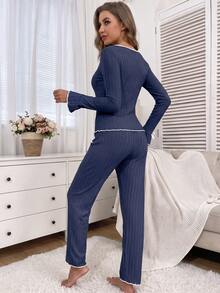 女士时尚条纹保暖休闲家居服套装，带蝴蝶结装饰，V领荷叶边喇叭袖上衣和裤子，舒适家居两件套，秋冬季，舒适保暖，秋季服装 - 藍色 - 查看 2