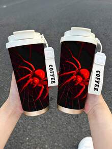 1個/5個 500ml 萬聖節紅色霓虹蜘蛛不鏽鋼保溫咖啡杯，鮮豔紅色蜘蛛與蛛網圖案印花設計，情侶水杯，附印花掛繩，適合日常通勤 - 黑色-亮紅蜘蛛 - 查看 5