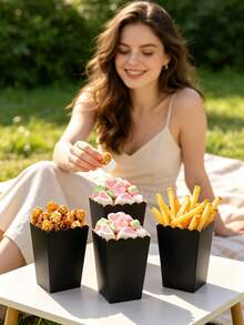 1/10/20PCS Solid Black Paper Popcorn & Fries Containers, Scallop Wave Edge Foldable Disposable Snack Boxes, Party Favor Box For Picnic, Movie Night, Outdoor Holiday Decor - View 6