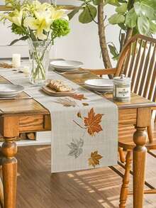 1pc Line Branch & Maple Leaf Table Runner, Bohemian Style, Printed Polyester, Suitable For Kitchen And Home, 1pc/Pack, Autumn, Perfect For Dinner Parties, Vacation Homes And Daily Decor - Multicolor - View 2