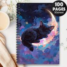 Cute Cat-Themed Planner & Notepad - Glowing Moon & Starry Night Cover With Black Kitten, Dreamy Clouds - Notebook For School, Office, Journaling - Gift For Women, Cat Lovers (Paper Diary, Birthday Present) - 1 Pack (50 Sheets/100 Pages) - View 8