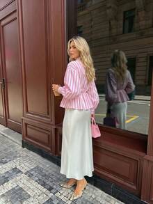Casual Striped Waist Cinching Blouse, Women's Collared Long Sleeve Button-Front Shirt With Elastic Waist, Suitable For Daily Wear, Commuting, Office - Pink - View 2