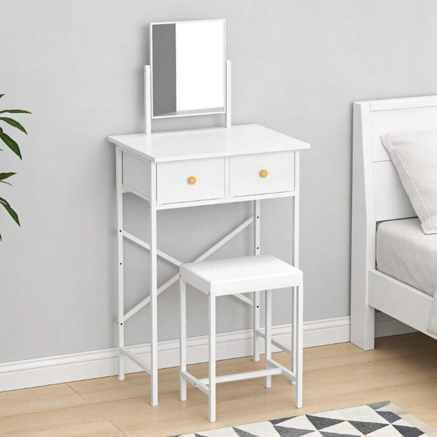 Small Vanity Desk With Mirror And Makeup Chair, 2-Drawer Vanity Table For Small Spaces - White - View 1