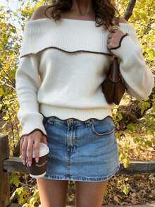 Fall Winter Women's White Off-Shoulder Sweater, Long Sleeve Pullover With Brown Scalloped Edge Detail - Beige - View 8