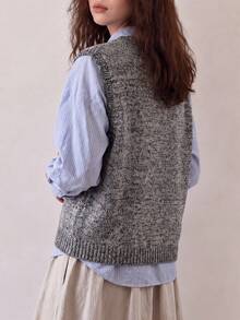 Women's Autumn Minimalist Casual College Style Wool Blend Yarn Cardigan Vest - Grey - View 2