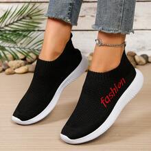 Sepatu Lari Rajut Kasual Luar Ruangan Sporty Wanita untuk Semua Musim dengan Motif Garis-garis - merah hitam - View 5