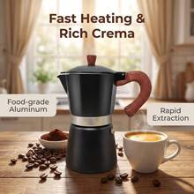 6-Cup Capacity Aluminum Moka Pot, Fast Extraction, Wood-Grain Plastic Handle, Compact And Portable, Suitable For Camping And Home Use. - Black - View 3