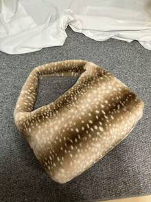 日韓風小眾設計美學秋冬鹿斑仿皮草腋下包女款，復古時尚豹紋托特包，大容量通勤逛街日常購物手提包，毛茸茸包款 - 棕色 - 查看 4