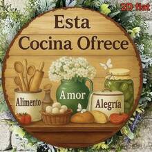 1pc 2D Flat Round French Wooden Sign, Vintage Kitchen Decor Plaque, "Food & Love" Decorative Sign, Suitable For Decorating Restaurant, Kitchen, Cafe, Bar, Family Gathering, Bakery. Language: Spanish - B - View 1