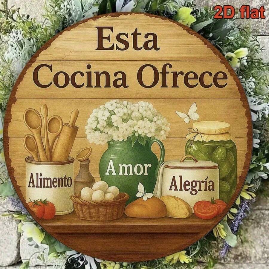 1pc 2D Flat Round French Wooden Sign, Vintage Kitchen Decor Plaque, "Food & Love" Decorative Sign, Suitable For Decorating Restaurant, Kitchen, Cafe, Bar, Family Gathering, Bakery. Language: Spanish - B - View 1