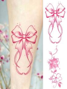2Pcs Sweet Style Temporary Tattoo Stickers, Pink Bow Stars And Floral Vine Design, Waterproof Long‑Lasting Fake Body Tattoos For Women - Multicolor - View 5